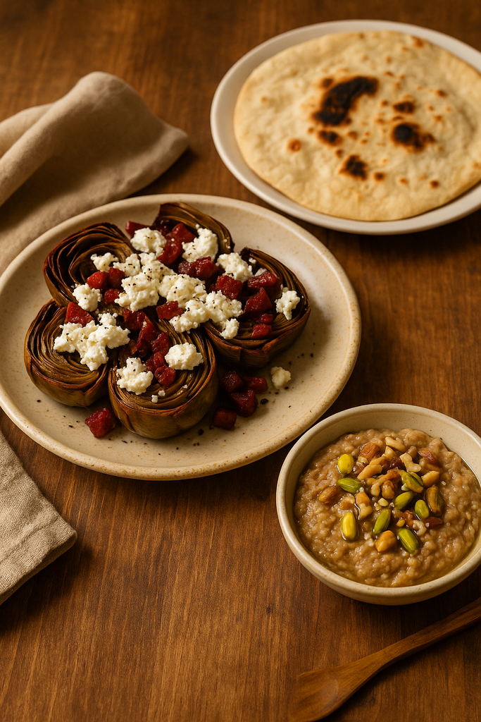 Alcachofas a baja temperatura con feta y chorizo más baba ganoush con mix de frutos secos