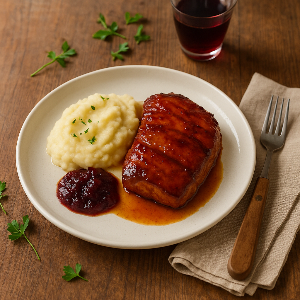 Secreto glaseado con mash de apionabo y chutney ácido de ciruela