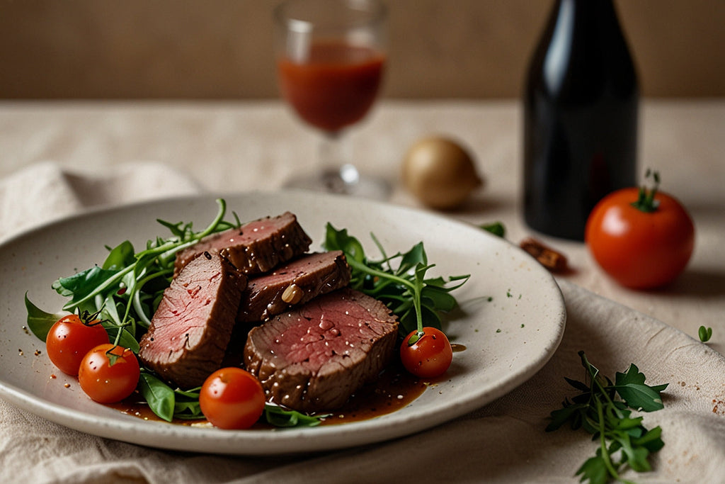 Ternera macerada y ensalada de rúcula