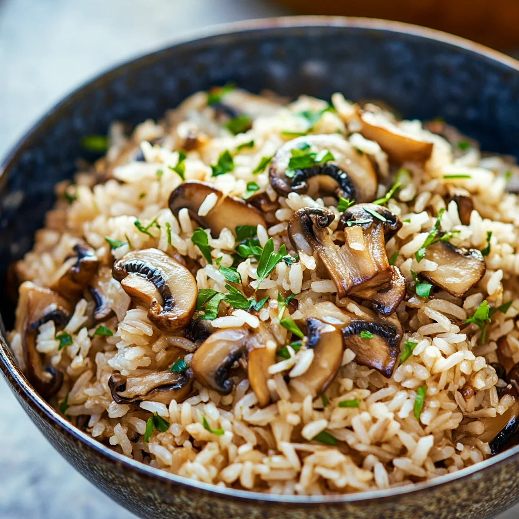 Arroz con champiñones y semillas de mostaza