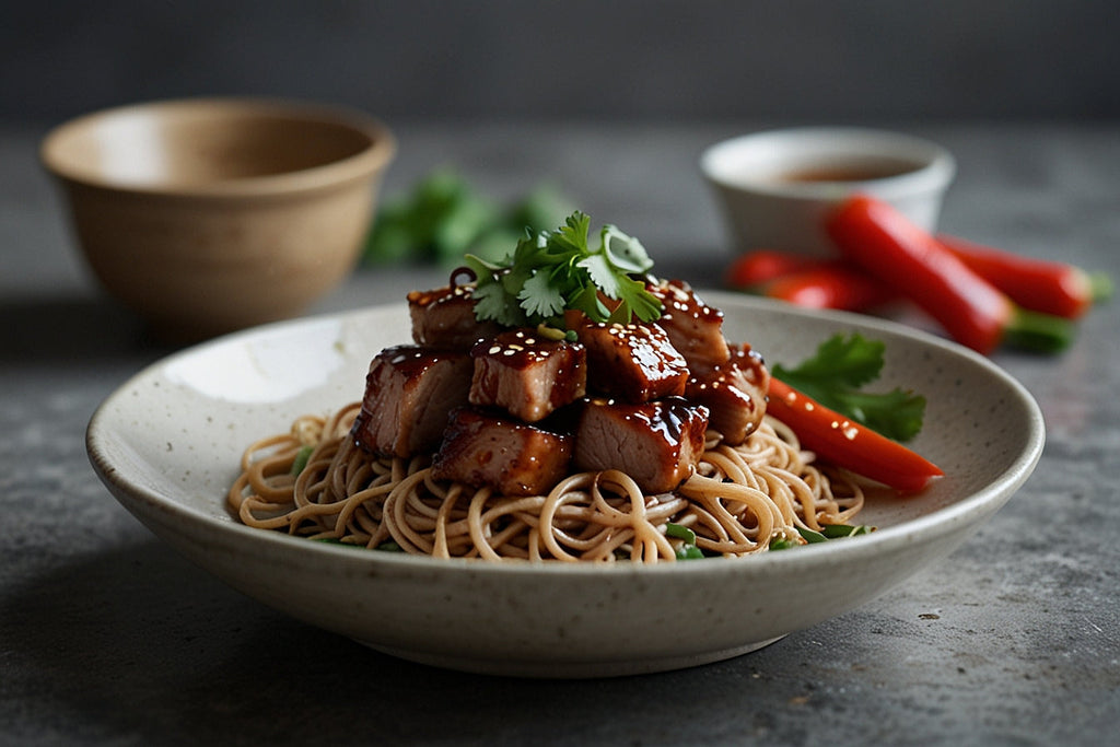 Fideos soba con cerdo asado en salsa barbacoa