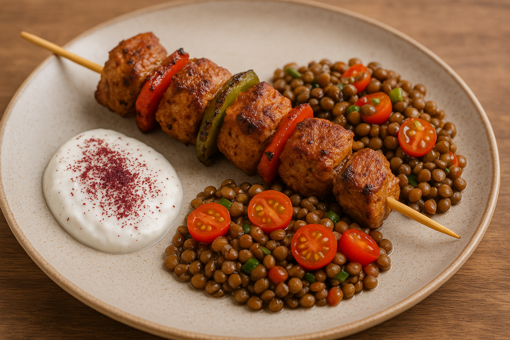 Pincho moruno con ensalada árabe de lentejas y yogur con sumac