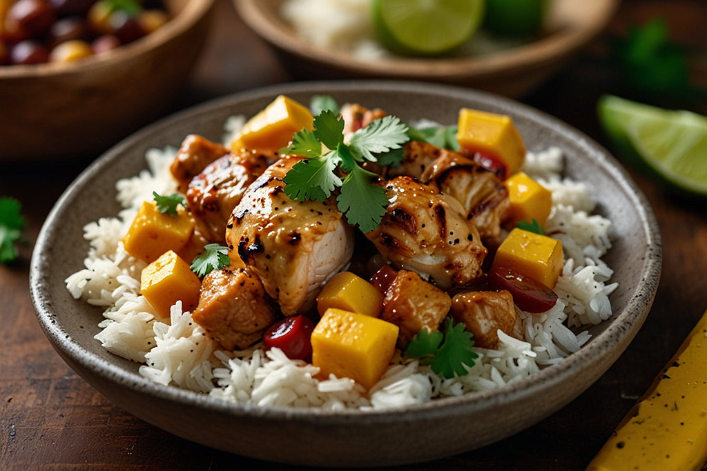 Pollo Calipso con leche de coco y mango