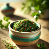 Chimichurri KM0 Mediterrani en un bol de especias, mezcla mediterránea de hierbas y ajo