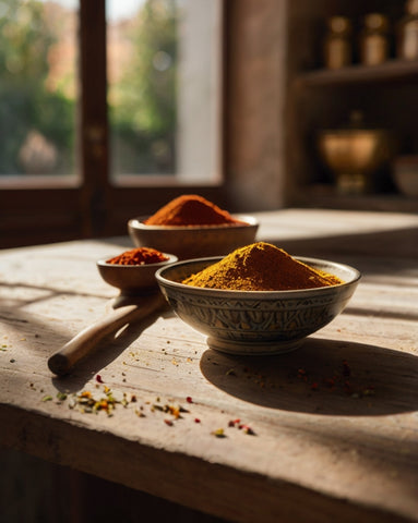 Bol de condimento Estambul con mezcla de especias turcas cálidas y aromáticas sobre mesa de madera.