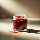 Bote de Love Potion con polvo de granada y maca, cucharita de madera y frutas frescas alrededor, en fondo claro y estilo natural.