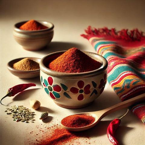 Mexican Rub de Savourshop en polvo rojo-anaranjado, mezcla mexicana artesanal en cuenco pequeño