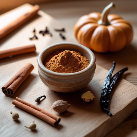 Mezcla de especias Pumpkin Spice Latte de Savourshop en cuenco artesanal sobre fondo luminoso minimalista